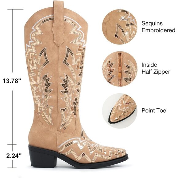 Women's Light Brown Classic Embroidered Sequin Mid Calf Western Chunky Boots - Picture 4 of 6